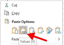 paste options with highlighted past values item