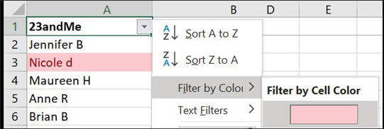 excel filter drop down menu with item higlighted to filter by color